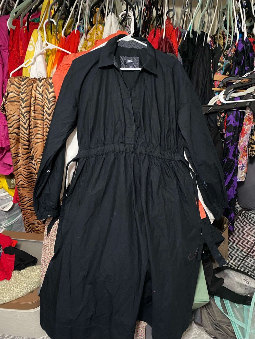 Black Long Sleeve Shirtdress with Drawstring Waist - Women